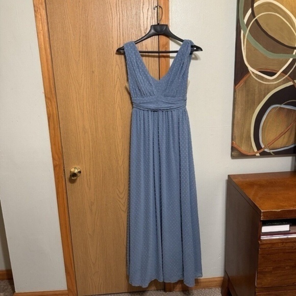 Lulus Small Slate Blue Swiss Dot Sleeveless A-Line V-Neck Maxi Dress - EUC - Picture 1 of 5